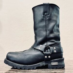 Black Leather Harness Moto Boots